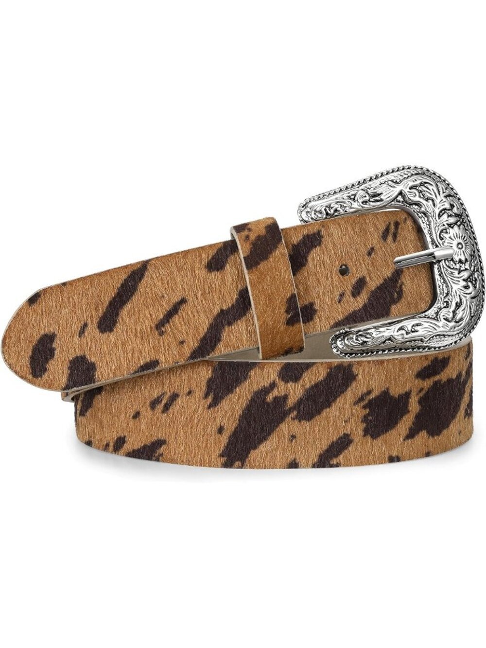 Unisex Cow Print-coffee Leather Belt Vintage Western Cowboy Engraved Buckle Belt